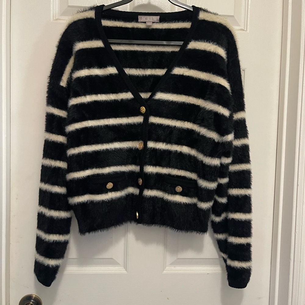 J. CREW Sweater Lady Jacket - Black and Ivory Striped Brushed Yarn - Sz S - Picture 2 of 11